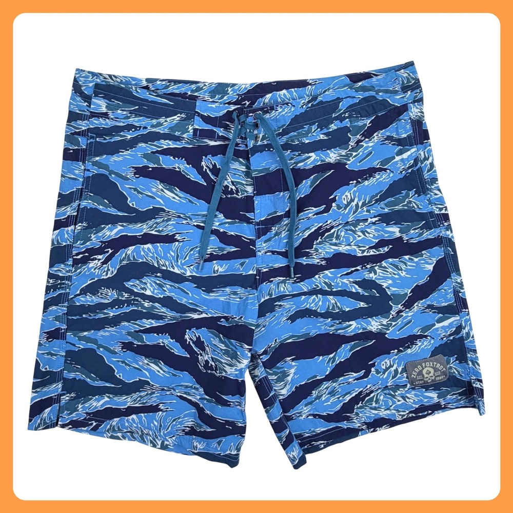 Zero Foxtrot Tiger Stripe Board Shorts Men 2XL Blue Nylon Ripstop Camo Swim